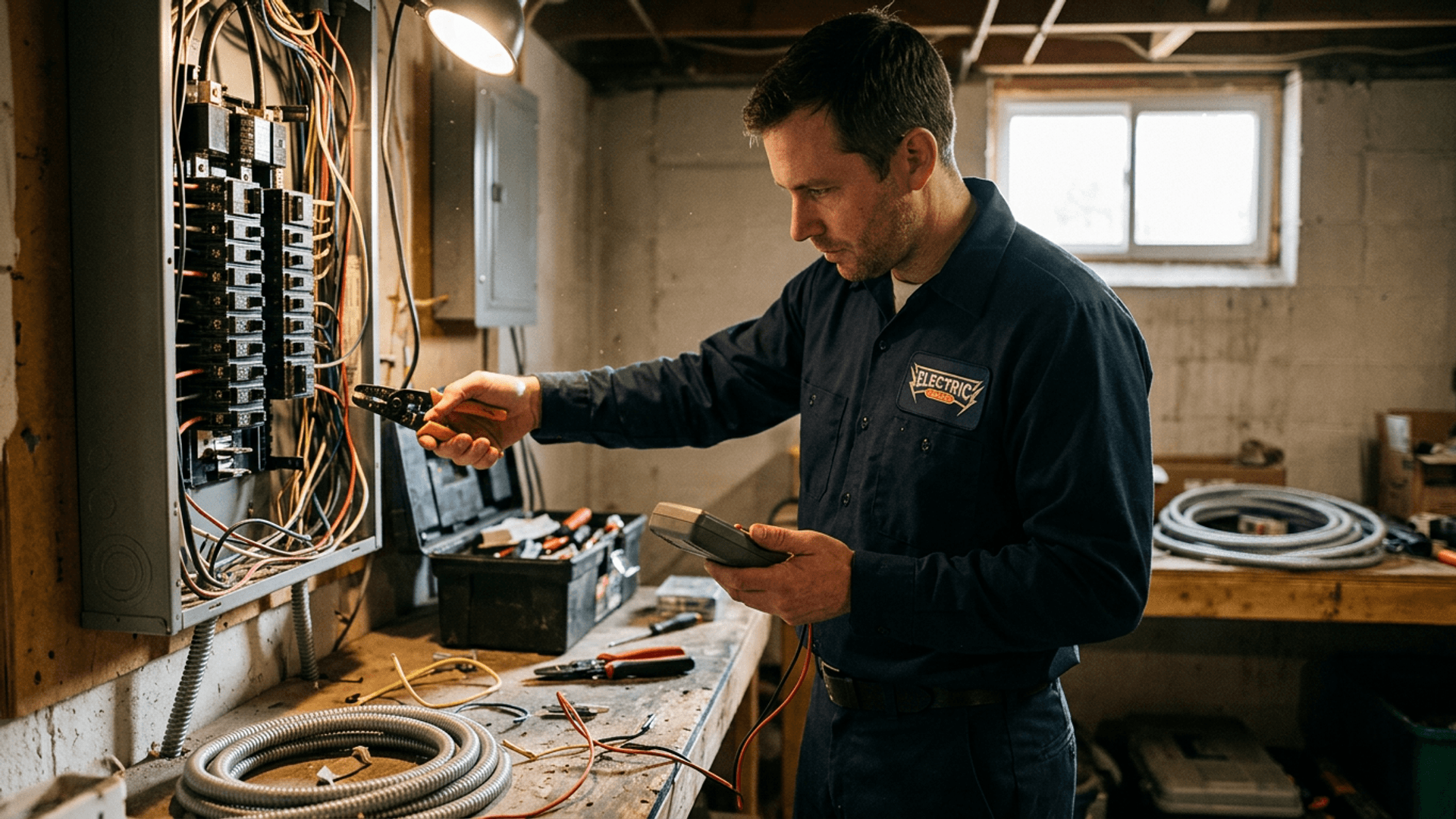Electric Medic technician in uniform installs a wall-mounted EV charger at a residential garage workstation.