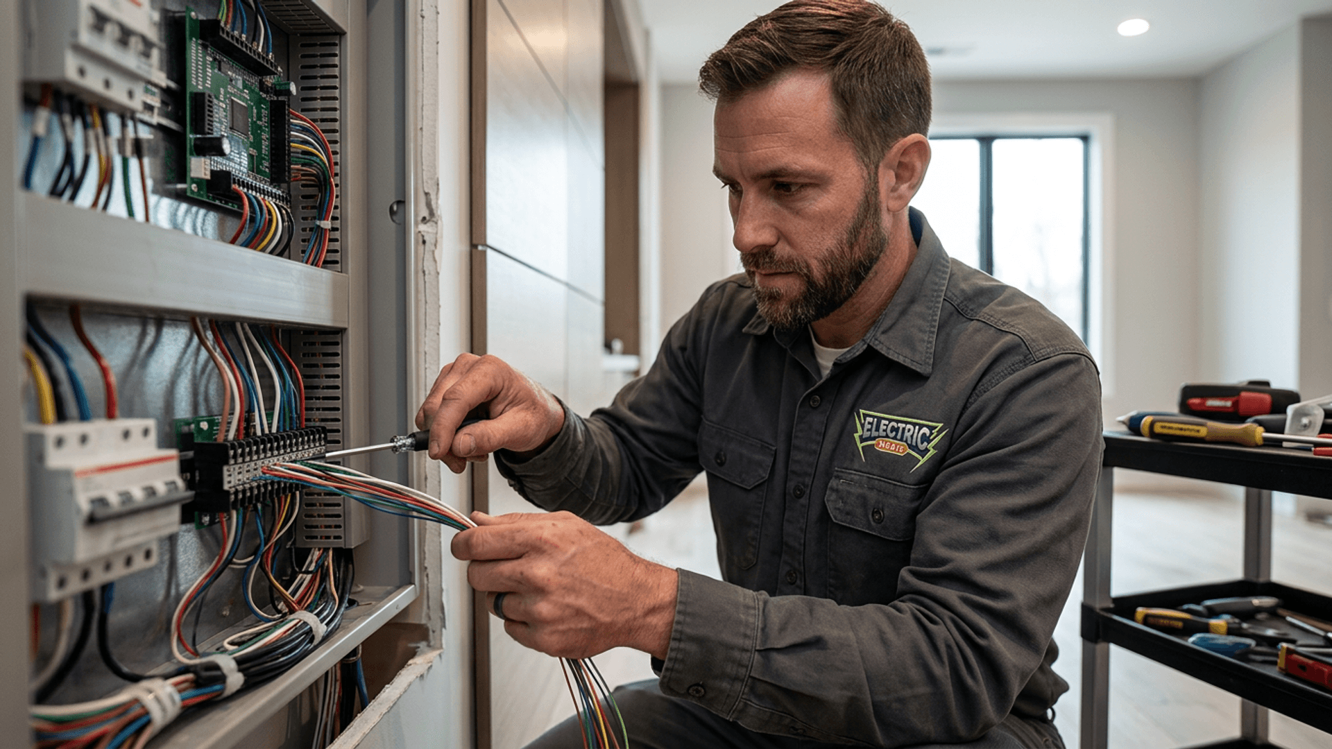 An Electric Medic technician in uniform installs a new circuit breaker at a residential property in Dublin, Ohio.