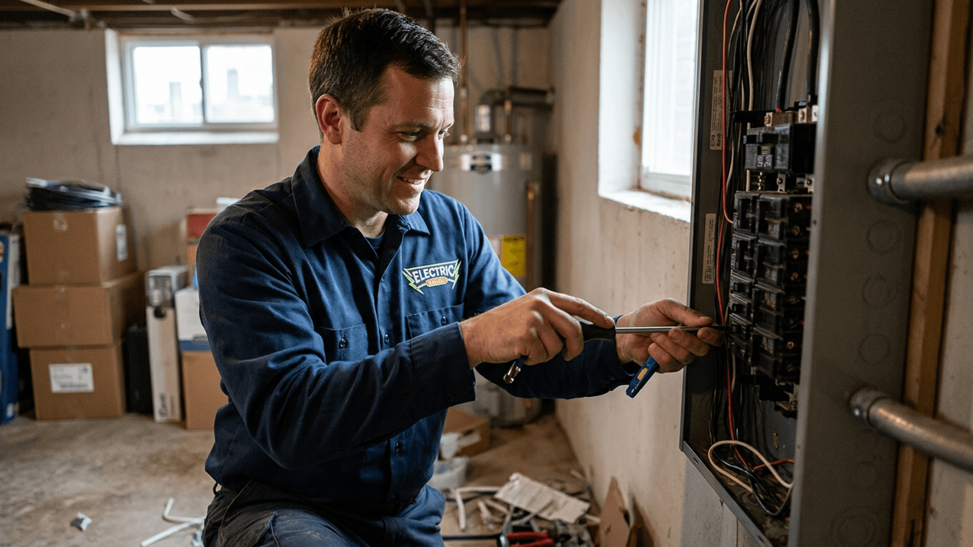 Electric Medic technician in uniform repairs an electrical panel at a Hilliard home.