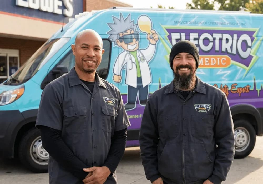 Electric Medic technician in a branded uniform installs wiring on a residential electrical panel in a modern garage.